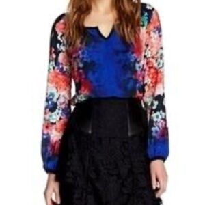 Nanette Lepore 100% SILK Floral Pullover Blouse LARGE Blue Red NWOT flowy office